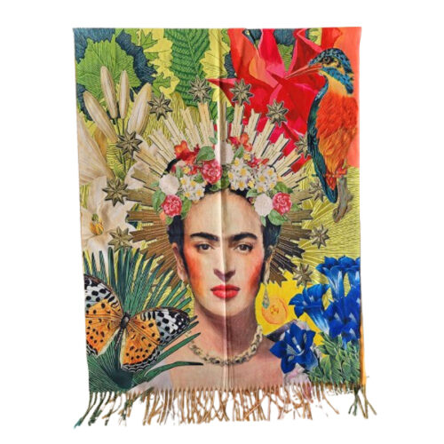 sjaal Frida Kahlo oranje vlinder blauwe en rode bloemen Frida Kahlo sjaal van wol met viscose
