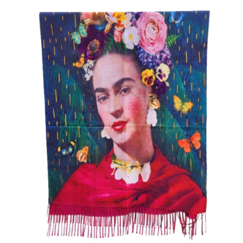 Frida Kahlo sjaal blauwgroen met bloemen en vlinders Frida Kahlo sjaal blauwgroen met bloemen
