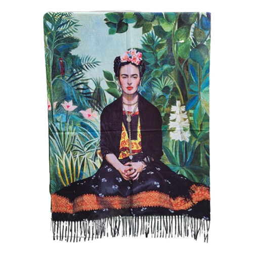 Frida Kahlo sjaal zittend Mooie sjaal van wol met viscose met een zittende frida kahlo afbeelding