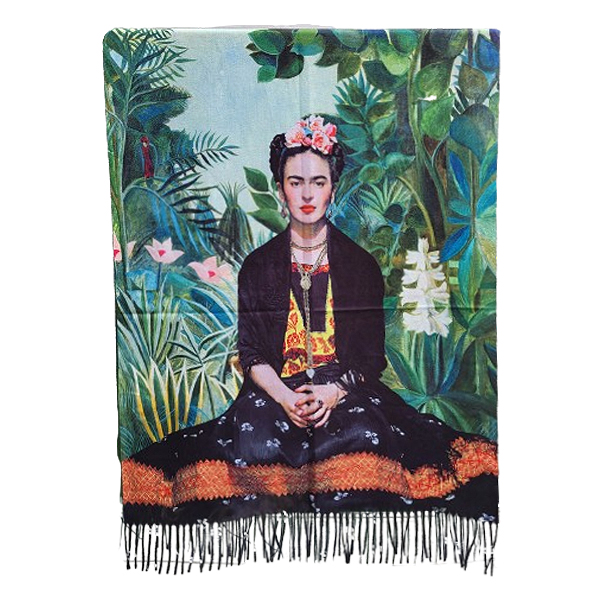 Mooie sjaal van wol met viscose met een zittende frida kahlo afbeelding