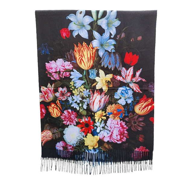 zwarte sjaal van wol met viscose met prachtige bloemenprint