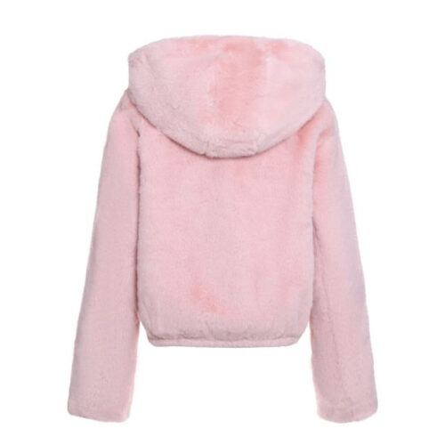 Leuke roze faux fur jas met capuchon. kort model