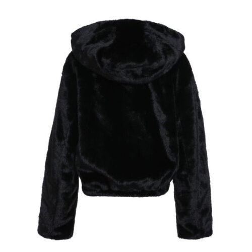 Leuke zwarte faux fur jas met capuchon. kort model