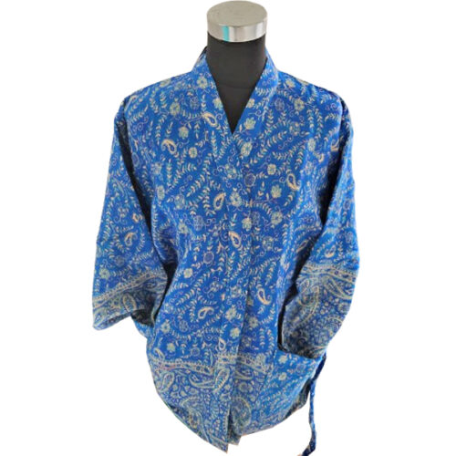 kimonojasje blauw zand Blauw kimonojasje met bloemen en paisleyprint