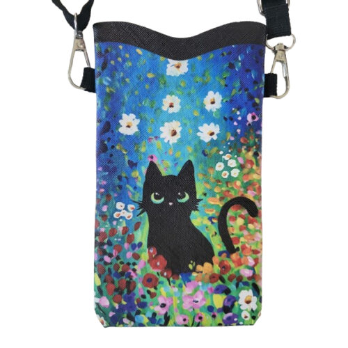 telefoontasje kat tussen bloemen Telefoontasje zwarte kat in bloemenveld