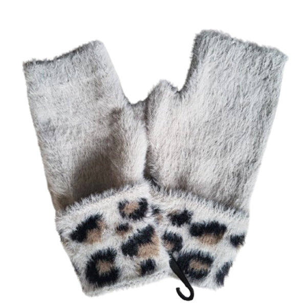 Lichtgrijze vingerloze handschoenen met pantermotief