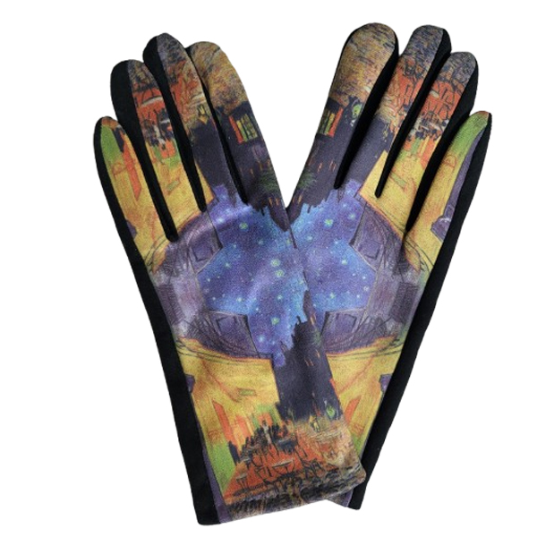 Schilderij handschoenen met afbeelding van het schilderij Caféterras bij nacht van Van Gogh