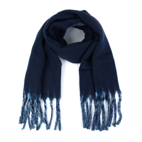 Dubbelzijdige wintersjaal met franjes. Donkerblauw met lichtblauw.