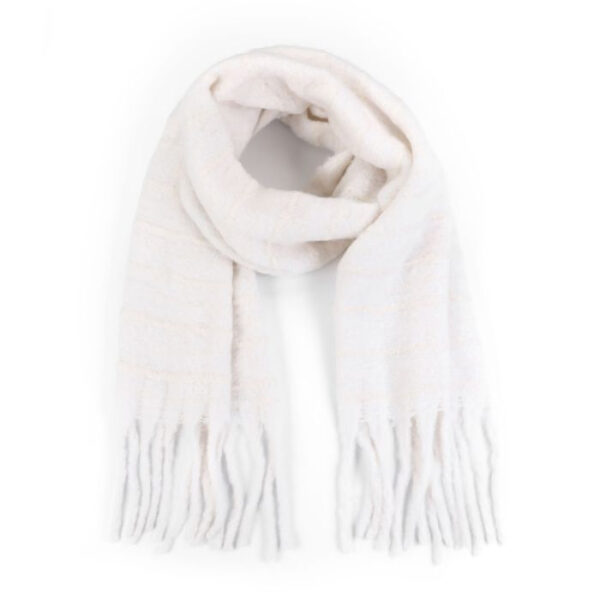 Beige wintersjaal met streepmotief en franjes aan de onderkant