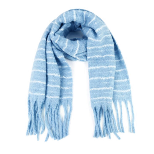 Blauwe wintersjaal met streepmotief en franjes aan de onderkant