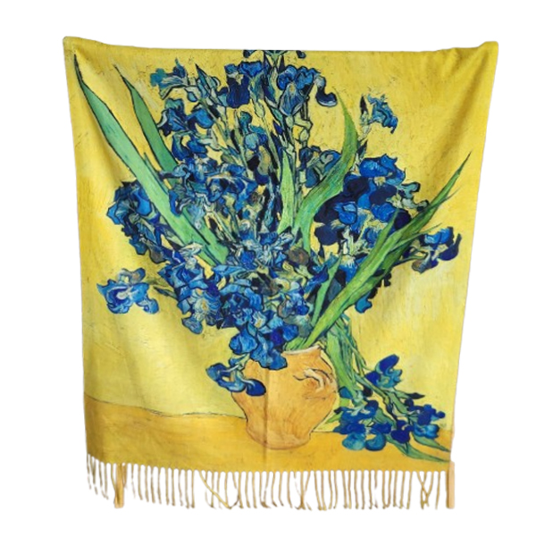 Gele sjaal met irissen in een vaas