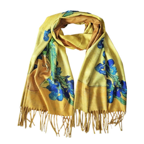 Gele sjaal met irissen in een vaas