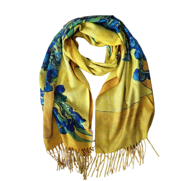 Gele sjaal met irissen in een vaas