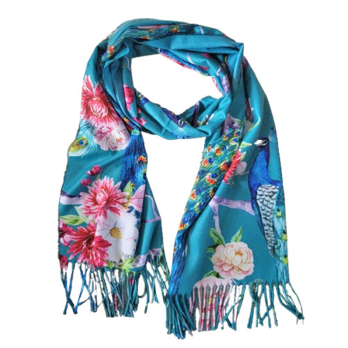 Mooie sjaal met pauwen- en bloemenprint