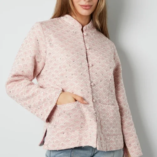 Roze kimonojasje met geborduurd patroon en versierd met pailletten