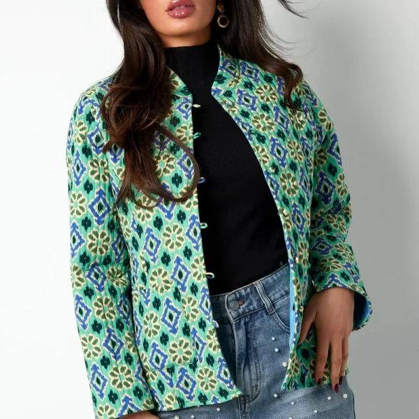 blauw groen jasje met geometrische print Dubbelzijdig jasje met geometrisch patroon