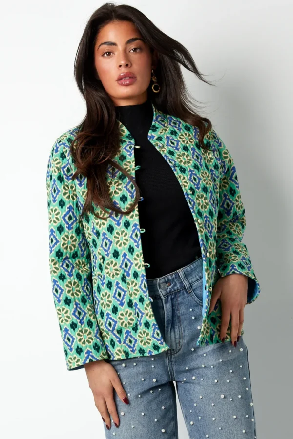 blauw groen jasje met geometrische print Dubbelzijdig jasje met geometrisch patroon