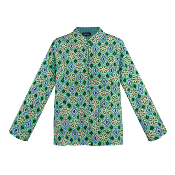 blauwgroen jasje met geometrische print Dubbelzijdig jasje met geometrisch patroon