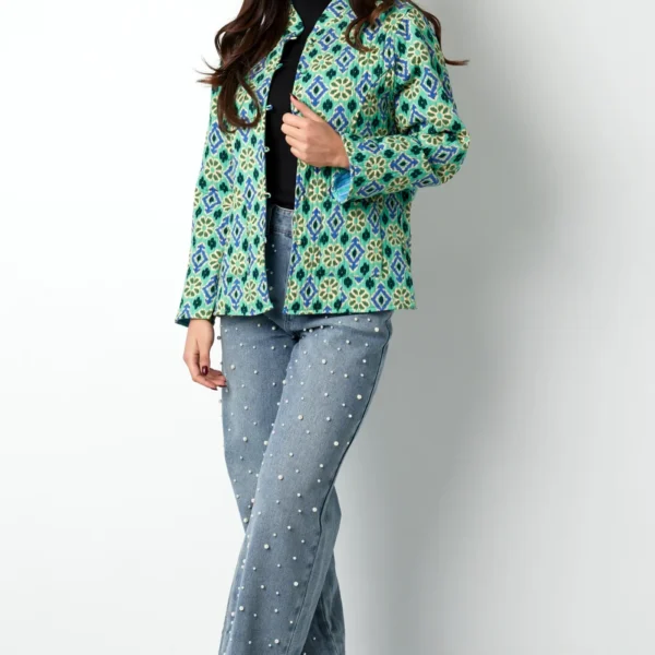 blauw groen jasje met geometrische print Dubbelzijdig jasje met geometrisch patroon