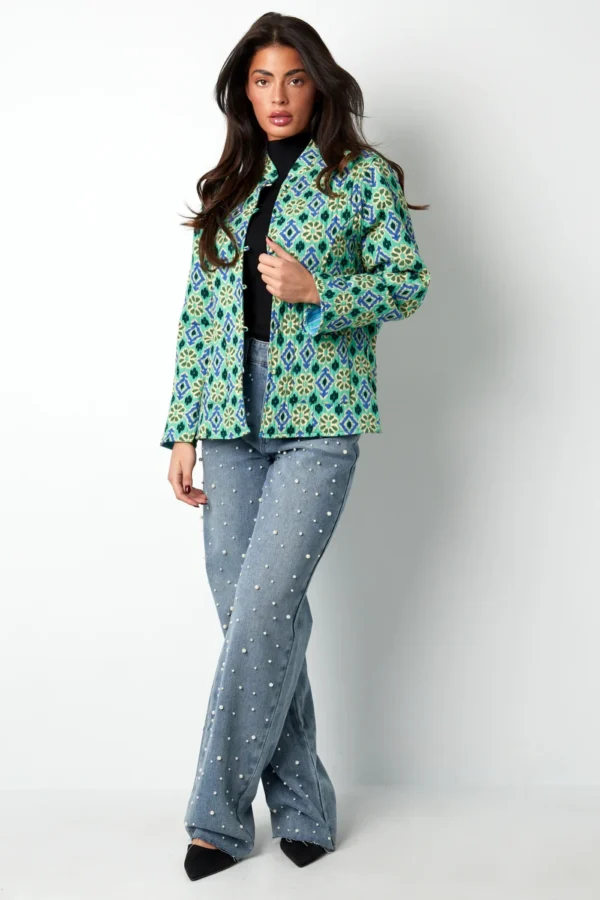 blauw groen jasje met geometrische print Dubbelzijdig jasje met geometrisch patroon