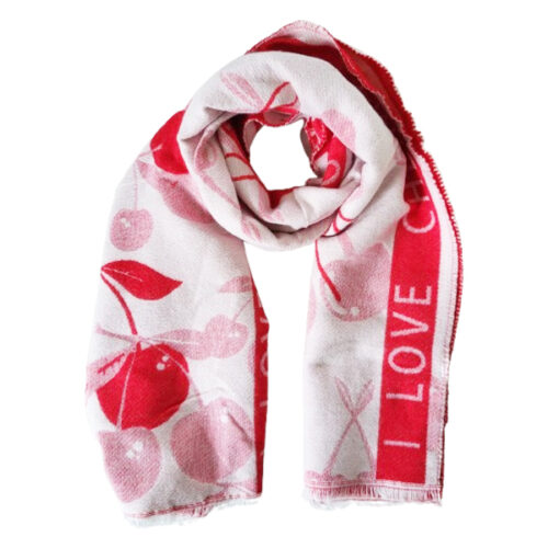kersensjaal i love cherry rood creme Sjaal met kersenprint en de tekst I love cherry in creme met rood
