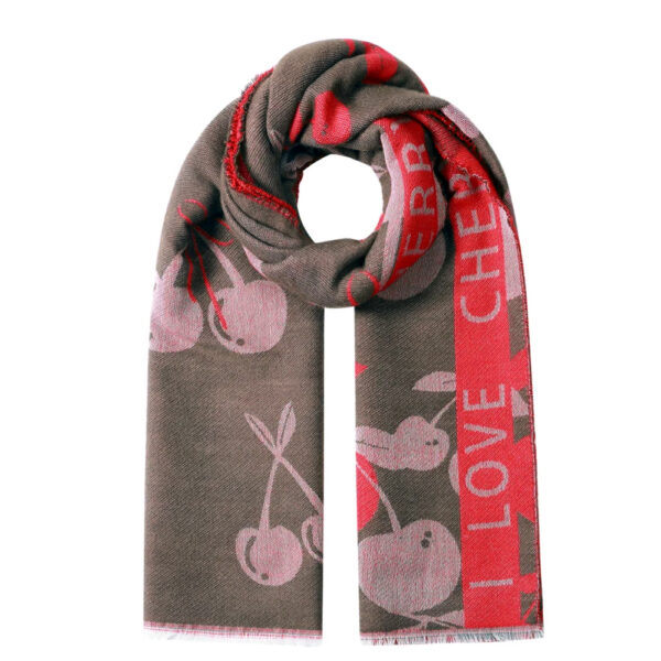 Sjaal met kersenprint en de tekst I love cherry in bruin met rood