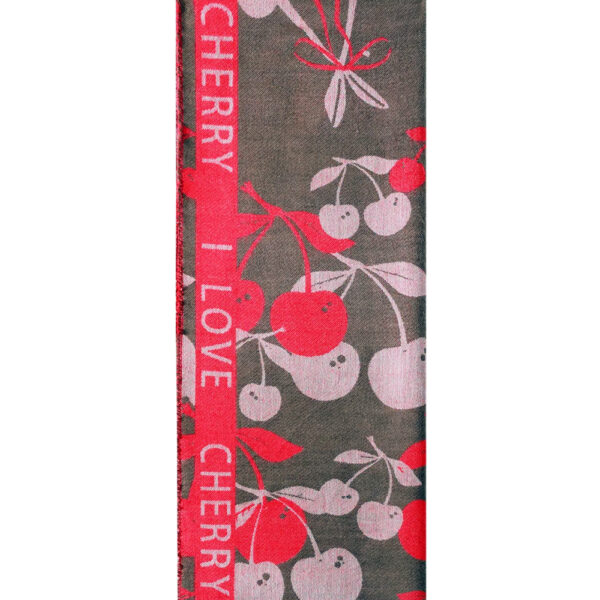 Sjaal met kersenprint en de tekst I love cherry in bruin met rood