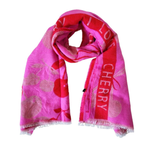 Sjaal I love cherry roze Sjaal met kersenprint en de tekst I love cherry in roze met rood