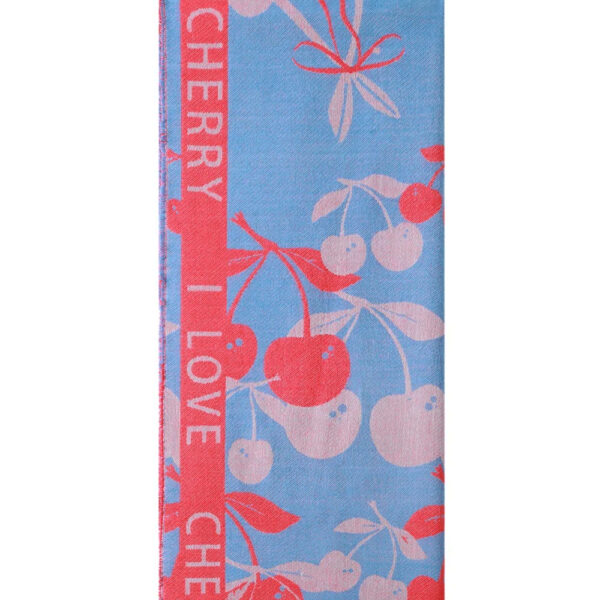 Sjaal I love cherry blauw Sjaal met kersenprint en de tekst I love cherry in blauw met rood